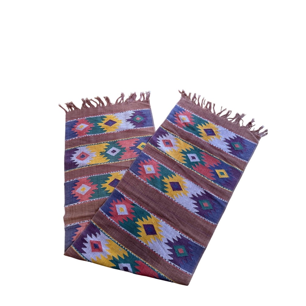 Vintage Southwestern Kilim Table Runner Handwoven Geometric Fringed Textile 57in